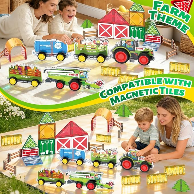 3D Magnet Farm Tractor Toy for Magnetic Tiles & Blocks, 5pcs STEM Educational Learning Toys Inc Combine Harvester Tractors Farm Animal Trailer, Farming magnet tiles toys for kids 3+ year old