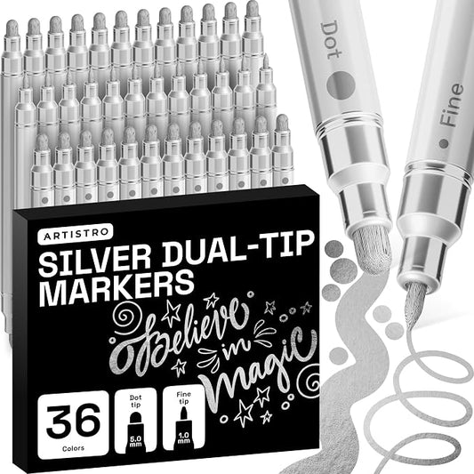 ARTISTRO 36 Silver Dual-Tip Acrylic Paint Markers – Paint Pens Set with Dot & Fine Tips for Fabric, Rock, Glass, Wood, Coloring Books – Arts & Crafts Gift – Classroom Must Haves & School Supplies