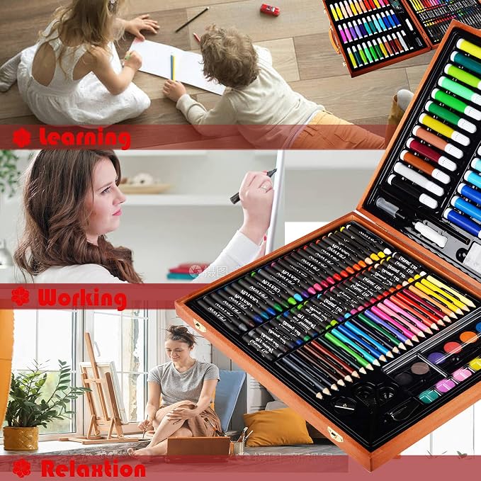 KINSPORY 150PC Art Set with Sketch Book, Coloring Art Kit Drawing Art Supplies Case, Markers Crayon Colour Pencils for Budding Artists Kids Teens Boys (Brown)