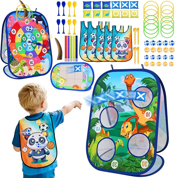 AOSITE Toddler Bean Bag Toss Game for Kids 3-8, 7-in-1 Outdoor Cornhole Board Set with Ring Toss, Sticky Balls Darts, Backyard Lawn Party Games, Birthday for Boys Girls with Storage Bag