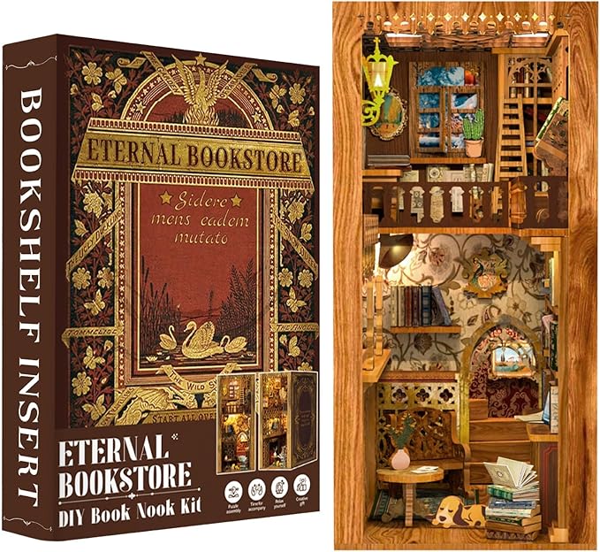 Fsolis Book Nook Kit, 3D Wooden Puzzles for Adults (Eternal Bookstore) | DIY Miniature House Kit, 172 Wood Pieces, Booknook Bookshop Bookshelf Insert and Bookends, Gifts for Women Book Lovers