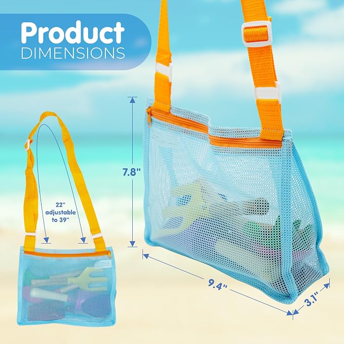 4E's Novelty 2X Shark Tooth Sifter for Beach with 2X Small Mesh Beach Bag for Shell Collecting, Metal Sand Scoop for Picking Up Shells - Beach Toys for Kids (2 Sets)