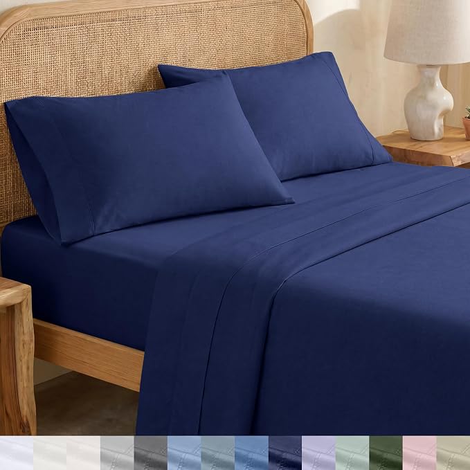 California Design Den King Size Sheets Deep Pocket Set - Soft 100% Organic Cotton Sheets, Crisp Percale, Breathable and Durable Bedding Set - Navy Blue