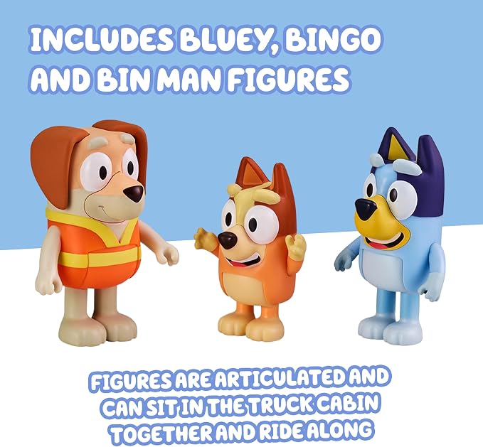 Bluey Garbage Truck Playset, Bingo & Bin Man Figures, Garbage Truck Toys for Boys Age 4-7 w/ Characters, Interactive Lever Action
