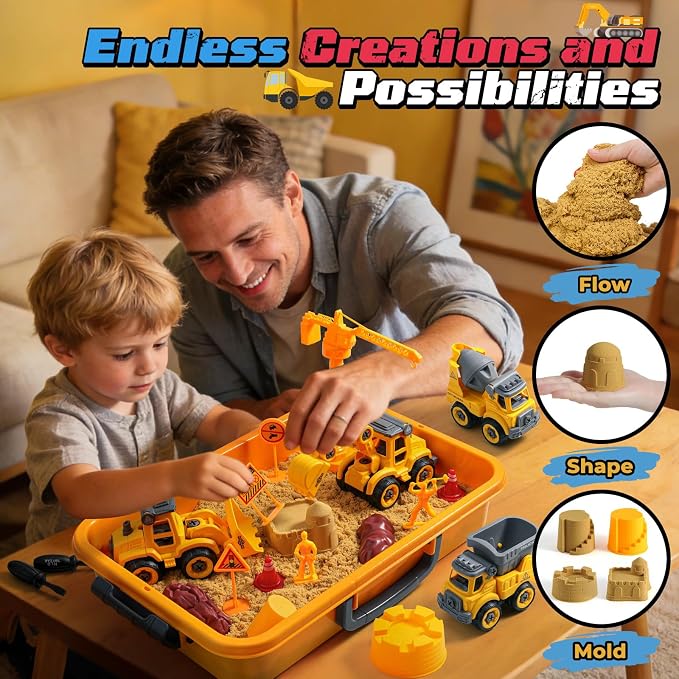OENUX Play Sand Construction Set, Beach Building Castle Kit w/ 2.2lbs Play Sand, 4 Take Apart Construction Trucks Toys and Signs, Sensory Sandbox with Cover for Boy Girl Kid Toddlers Age 3-8