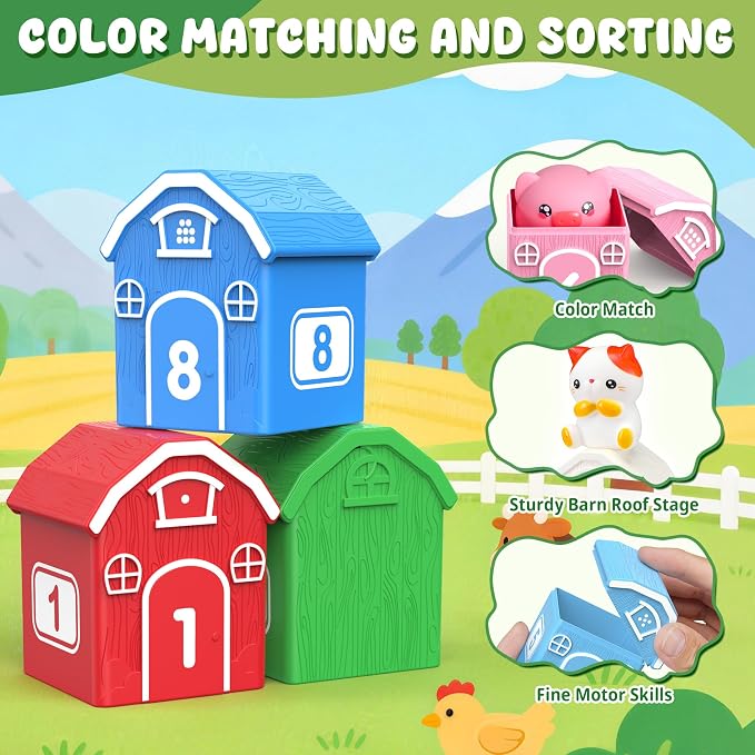 Montessori Toys for Toddlers, 21Pcs Farm Toys with Storage Bags/Playmat Counting, Matching, Sorting Preschool Learning Toy Including 10 Animal Finger Puppets Birthday Gift