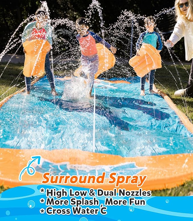 Spring Water Slip and Water Slide, 17ft *2 Lanes Slip Water Slides for Kids Backyards Ages 5-8 8-12 with Sprinkler and Inflatable Bodyboards, Summer Water Fun Toy for Outdoor Lawn Games Play