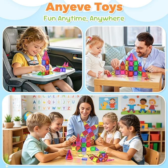 46PCS Glitter Magnetic Tiles, Mini Magnetic Tiles Travel Set with Storage Case, Portable Magnetic Blocks Building Toys for Toddlers Kids Ages 3+ Classroom Learning Toys for Boys Girls Birthday Gift