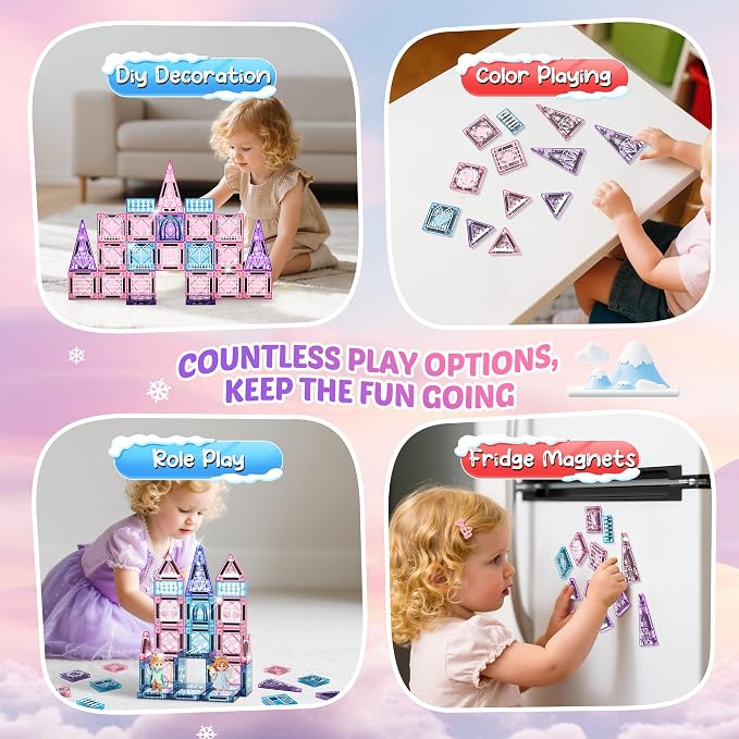 Magnetic Tiles Princess Toys, Princess Castle Travel Magnetic Blocks with Metal Box & 2 Dolls, Mini Magnet Tiles for Girls Pretend Play, Magnet STEM Sensory Gifts for Toddlers 3-5 4-8 8-12 Years Old