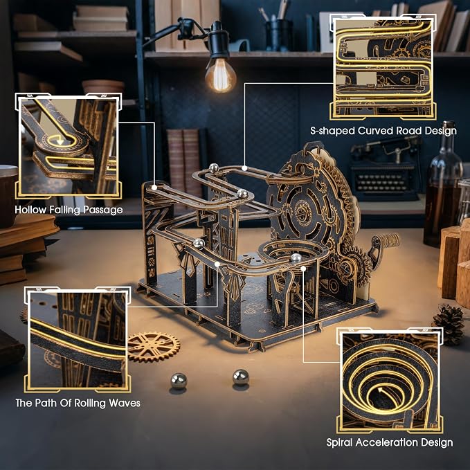 3D Wooden Puzzles for Adults, Mechanical Marble Run Model Kits to Build, DIY Wooden Puzzle with 6 Steel Marbles, Unique Birthday Gifts for Women Men