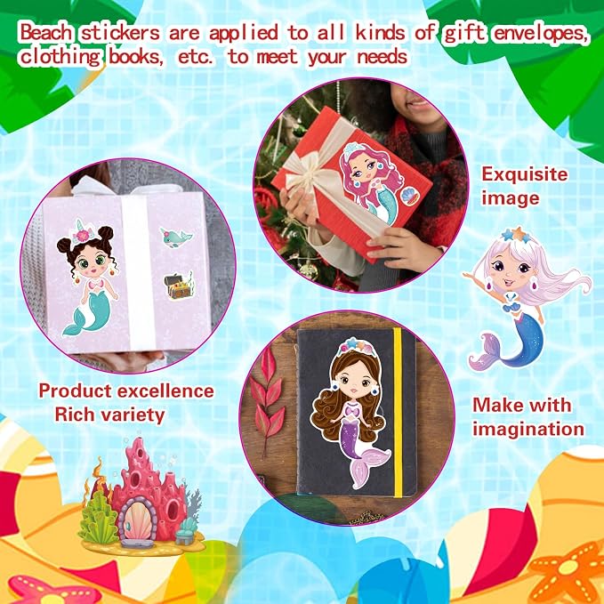 DUJAA 24 Sheets Mermaid Stickers for Kids, Make Your Own Mermaid Stickers, Mermaid Themed Art Craft Supplies