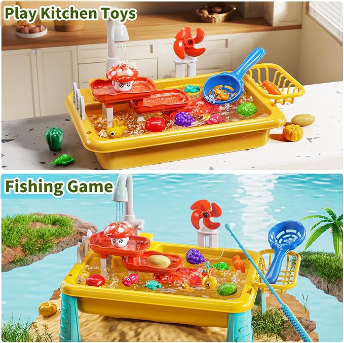 Kids Water Table Play Toy for Toddlers 1-3 4-8 Years Old, Kitchen Sink with Electrical Pump and Flowing Water, Fishing Games, Outside Sensory Gift Toys for Boys and Girls 2 3 4 5 6 7 8