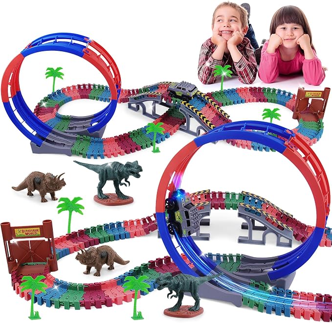 144 PCS Race Tracks Dinosaur Toys for Kids 3-5, Glow in The Dark Magic Toy Set, Flexible DIY Track Set, Birthday Gift for Age 3-9 Boys Toddler Girls,Create a Dinosaur Adventure World
