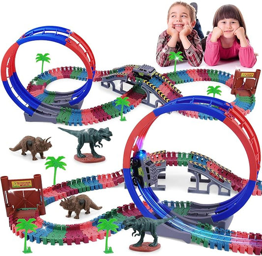 144 PCS Race Tracks Dinosaur Toys for Kids 3-5, Glow in The Dark Magic Toy Set, Flexible DIY Track Set, Birthday Gift for Age 3-9 Boys Toddler Girls,Create a Dinosaur Adventure World