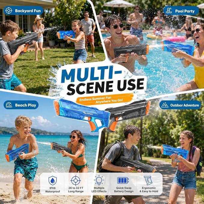 Electric Water Guns for Kids and Adults, 2-Pack Water Blaster for Outdoor Pool Toys, IPX6 Waterproof Squirt Gun, Comes with 4 Batteries, Summer Toys for Beach & Backyard