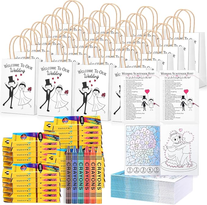Mooliwe 192 Pcs Wedding Activity Set Include 48 Coloring Books 48 Favor Bags 48 Crayons 48 Scavenger Hunt Sheets for Wedding Activities Game Favor Entertainment Party Supplies