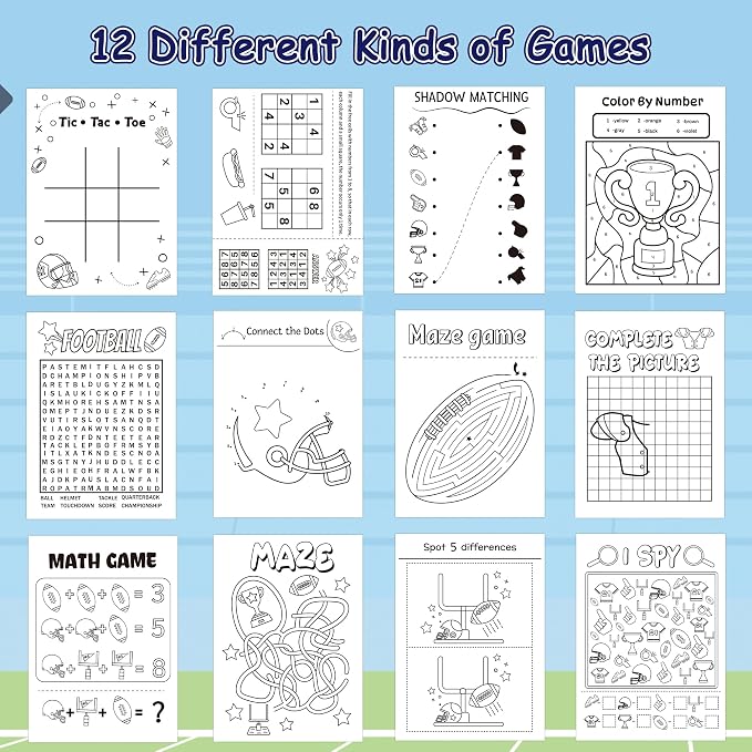 Football Activity Books for Kids - Football Theme Mini Games Coloring Book Set Bulk Mazes Word Search Word Scramble Games DIY Booklet for Birthday Party Goodie Bags Stuffers Classroom Favors Supplies