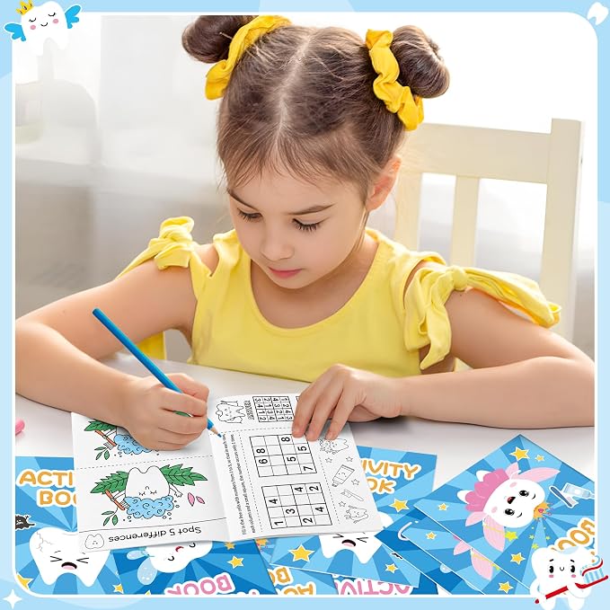 Tooth Activity Books for Kids - 24Pcs Cute Tooth Fairy Mini Games Coloring Book Set Bulk Cartoon Novelty Teeth Themed Mazes Word Search Word Scramble Games for Classroom DIY Art Gifts Party Favors