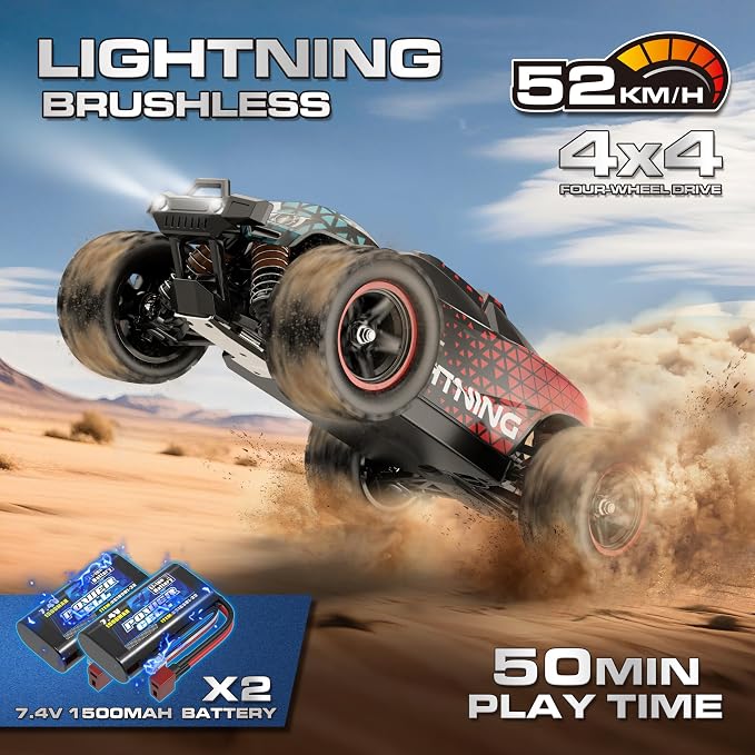 X-TMAGA Brushless RC Cars 1:18 Remote Control Car for Adults & Boys, 50+KPH High Speed Fast 4WD Off-Road RC Truck, 4X4 RC Car Waterproof with 2 Rechargeable Batteries (HS18426)