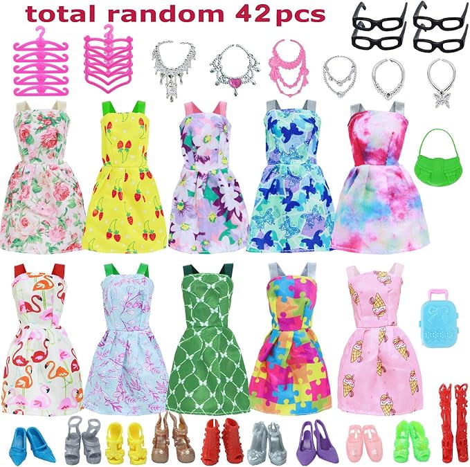 42 pcs Doll Clothes and Accessories Including 10 pcs Fashion Mini Dresses 32 pcs Shoes, Glasses, Necklaces, Handbag, Hangers Accessories for 11.5 Inch Girl Doll