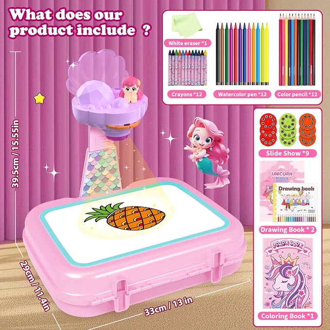 Hoarosall Drawing Projector for Kids, Arts and Crafts,Drawing Board Tracing Pad, Color Pens, Pencils, Crayons, Scrapbook, Ideal Toy for 3+ Year Old Girls (Mermaid Kit with Box)