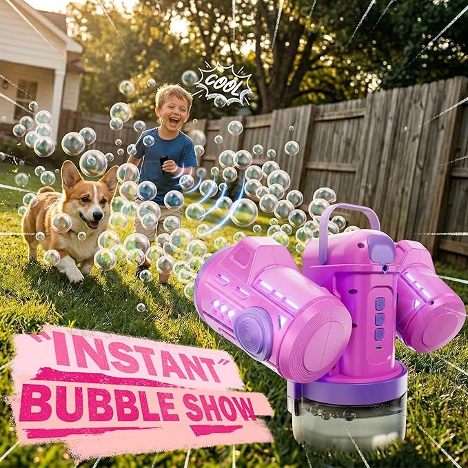 Dual-Engine Bubble Machine with Auto Rotation & RGB Lights & Remote Control,1800mA Type-C Rechargeable,700mL Tank,Bubble Maker for Kids, Party, Wedding, Backyard Outdoor Toy