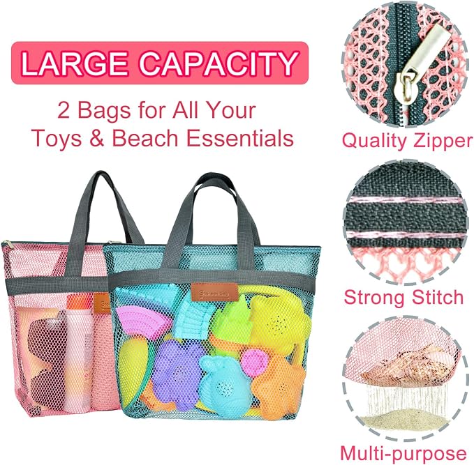 Collapsible Beach Sand Toys for Kids - Travel Beach Toys with 2 Collapsible Beach Buckets, Mesh Bags, Sand Castle Molds, Sand Bucket Shovel Set Sandbox Toy for Toddlers Kids