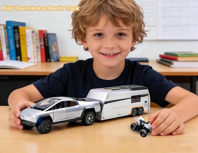 Toy Car Alloy Truck Set with Trailer and Motorcycle Cyberpickup Toy with Sound and Light Effect Pull Back Vehicle RV Toy EV Model Ideal Gift for Kids Boys Girls Adult Age for 3+