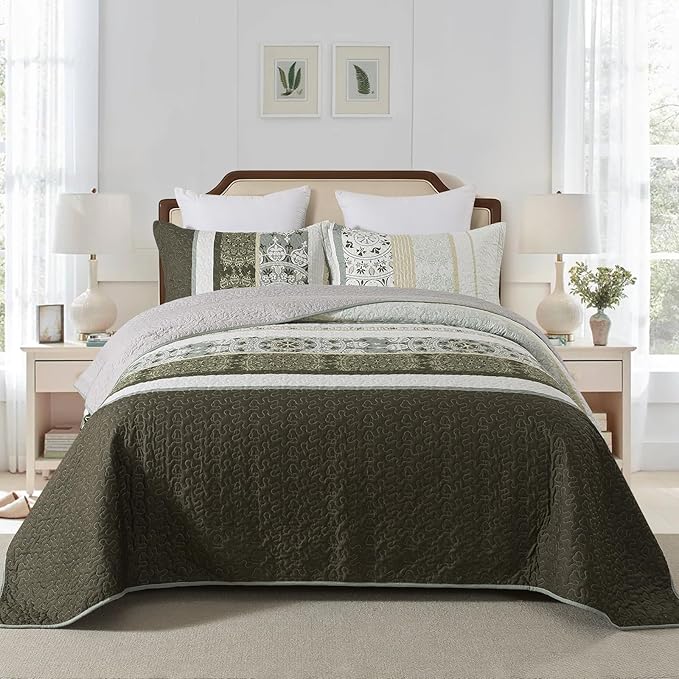 NEWLAKE Quilt Set King Size, Bedspread Sets Brown Beige Stripes, Reversible Quilt Bedding Set Lightweight and Breathable for All Seasons, Soft Quilted Bedspread with 2 Pillow Shams