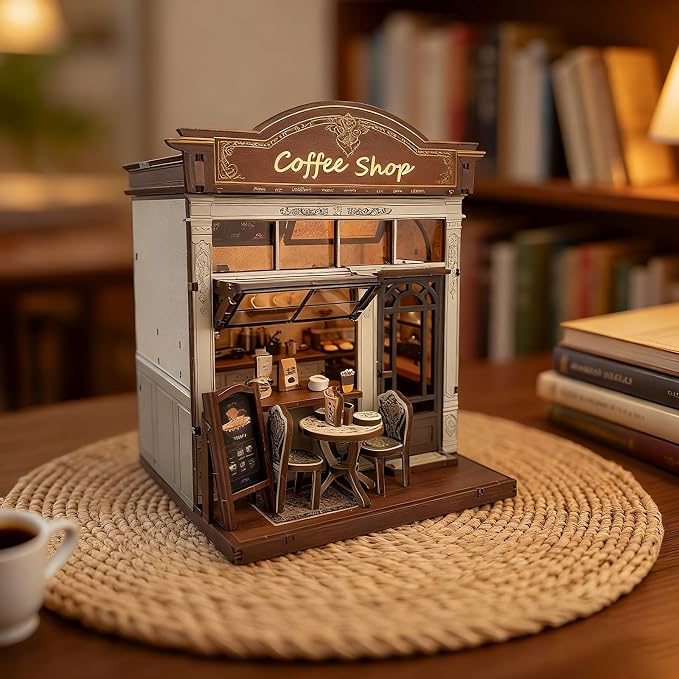 3D Wooden Coffee Shop Book Nook Kit - DIY Miniature Model with LED Lights, 143 Precision-Cut Pieces for Adults & Teens (1:24 Scale, Stress Relief Craft Gift)