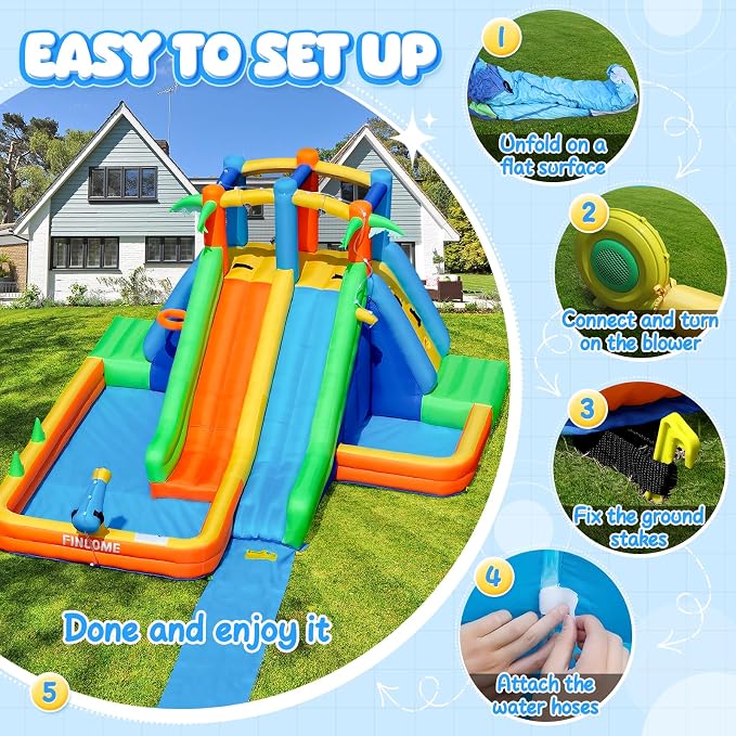 FINCOME Inflatable Water Slide Bounce House with Extend Long Splash Waterslide for Kids Backyard, Blow Up Bouncy Castle Park with 2 Water Pool, Basketball Hoop, Water Cannon for Indoor, Outdoor, Party