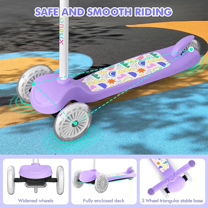 TONBUX Kids Scooter for Ages 3-5, Toddler Scooter with Light-Up Deck and Wheels, Adjustable 4-Level Height 3-Wheel Scooters for Kids, Lean-to-Steer Design