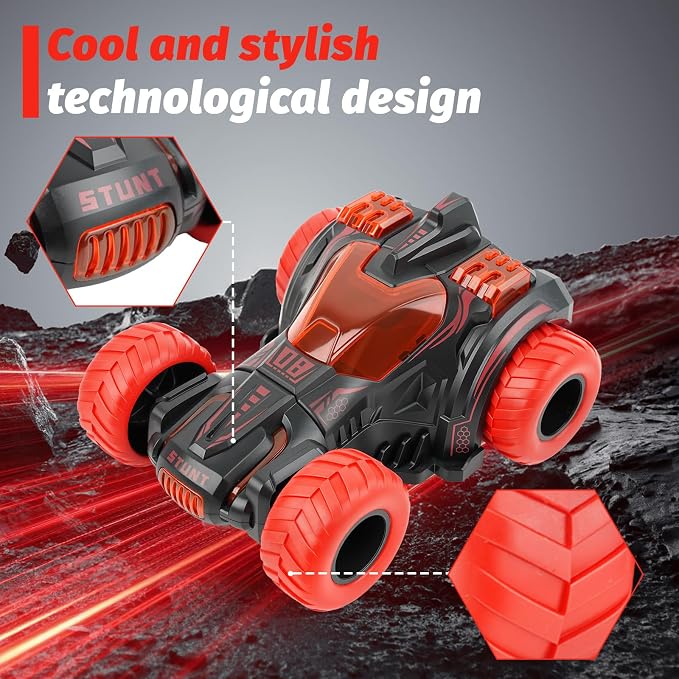 Friction Powered Flip Stunt Car, Push and Go Toy Car with 360° Upright Spin, Dual-Sided Rotating Off-Road Vehicle, Toy Car for Boys & Girls Ages 3+, No Batteries Required, (Red)