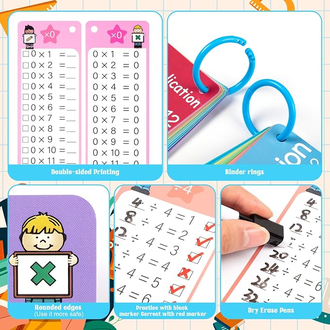 60Pcs Multiplication Division Addition and Subtraction Flash Card, Math Flash Cards with 8 Dry Erase Pens 4 Rings, Time Table Flash Cards for 1st to 3rd Grades Fun Learning with Math Game