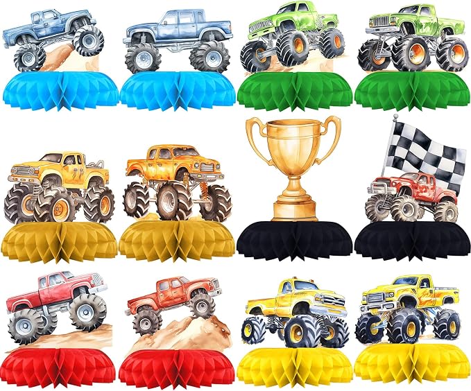 12 Pack Monster Truck Table Decorations - Monster Truck Party Decorations for Kids' Birthday and Baby Shower - Monster Truck Table Toppers