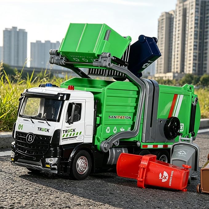 Garbage Truck Toys Diecast Metal Cab Front Loader Waste Management Garbage Truck for Kids and Toddlers Pull Back Trash Truck Toy Set with Lights and Sounds Garbage Truck Toys for Boys Age 4-7
