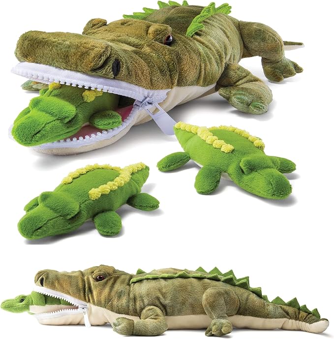 PREXTEX Stuffed Alligator Toy with 3 Baby Alligators - Alligator Plush Mommy with 3 Zippered Babies, Ideal Stuffed Animal for Boy or Girl Playtime - 3-5 Years