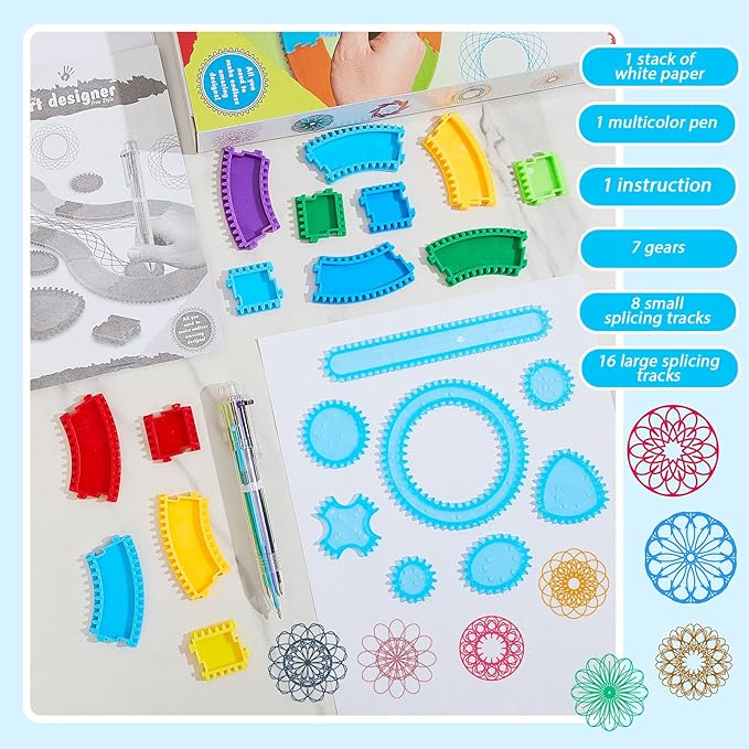 Chivao Spiral Art Kit Circle Stencils Drawing Tool Gear Geometric Ruler Circle Template Drawing Kit Plastic Spiral Curve Stencils with Pens Paper for Back to School Gifts DIY Crafts Sketch(Stylish)
