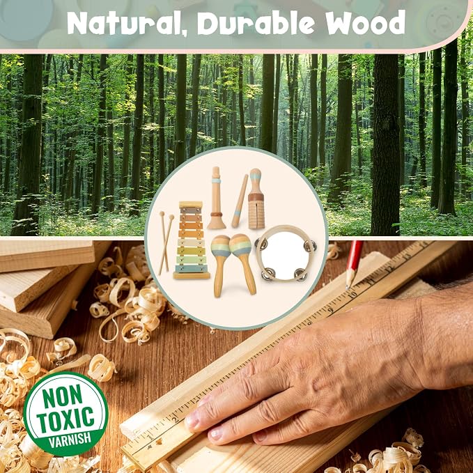 Stoie's Wooden Toddler Musical Instruments with Xylophone, Maracas, Triangle, Tamburine for Babies and Kids, Eco Friendly Montessori Educational Toy