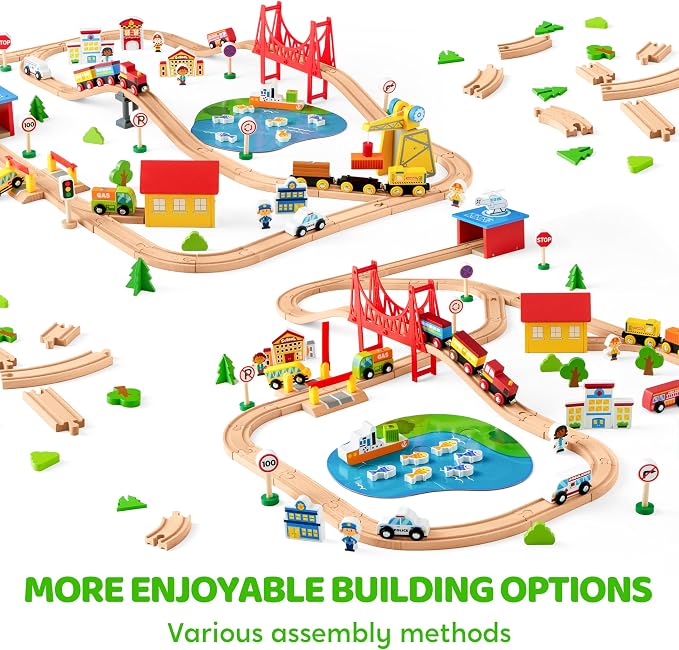 110PCS Wooden Train Set - Toy Magnetic Trains with Wooden Track Set for Kids Ages 3-8, City Scene Railway Set, Perfect Easter Birthday Gift for Grandkids Toddlers Boys Girls