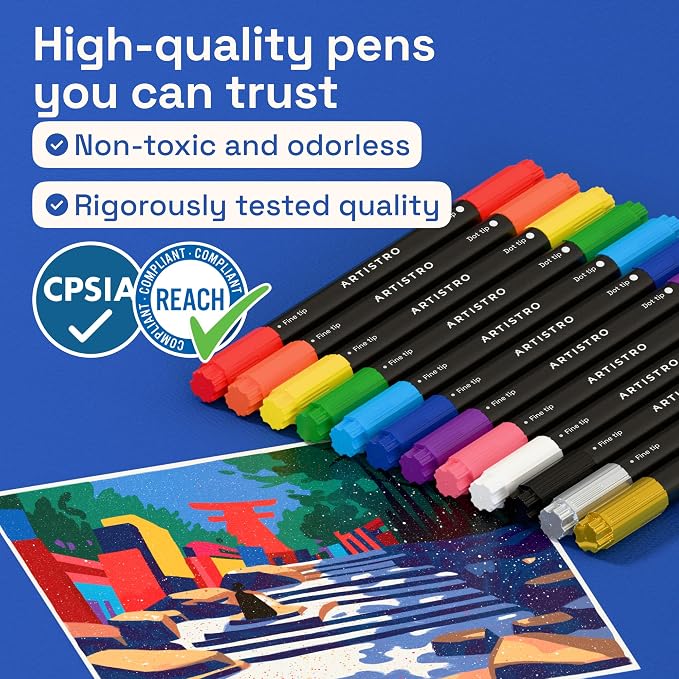 ARTISTRO 12 Precision Dual-Tip Acrylic Paint Markers – Paint Pens Set with Dot & Fine Tips for Fabric, Rock, Glass, Wood, Coloring Books – Arts & Crafts Gift – Classroom Must Haves & School Supplies