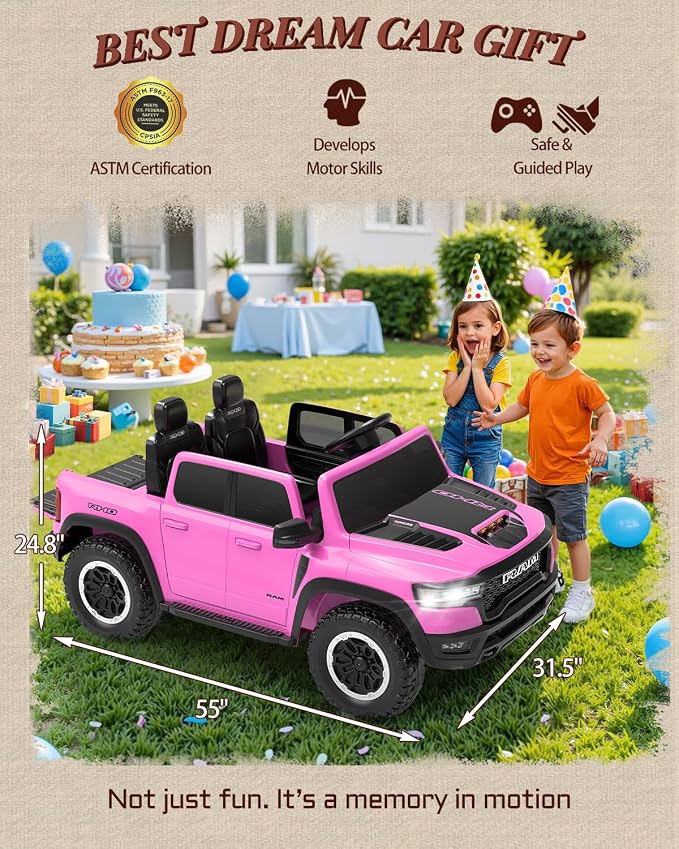First Ride On 24V Ride On Toys for Big Kids, RAM 1500 RHO 2 Seater Ride on Car w/Remote, Battery Powered Truck w/ 4 Wheels Suspension, Toddler Car w/Bluetooth, LED Lights, Trunk
