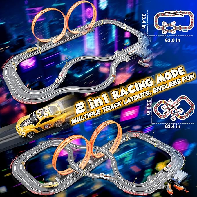 Slot Car Race Track Sets,2 in 1 Race Car Track with 4 High-Speed Slot Cars，Gift Toy for Boys Kids Ages 5 6 7 8-12,Dual Power (Source) Cars Track,Dual Racing Game Lap Counter Circular Overpass Track