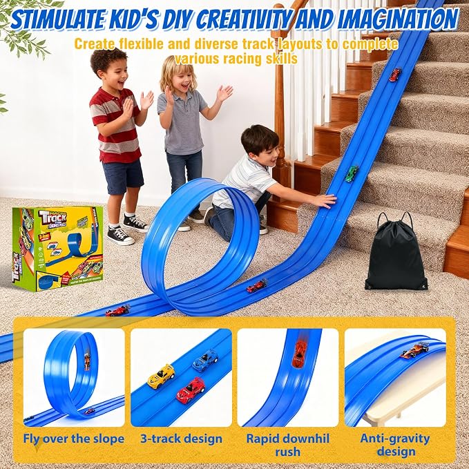 20 Ft Flexible Race Track Toys, 3-Lane Flex Race Car Ramp Track with 6 Race Cars & Suction Cups Rolls Up Portable DIY Race Track Anti Gravity Car Track Set,Kids Racecar Track Toy(Blue)