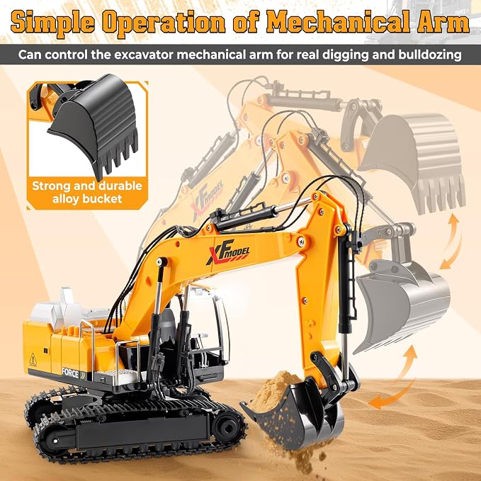 V-Opitos RC Excavator Toys for Boys Age 3, 4, 5, 6, 7, 8, 9, 10+ Years Old, 13CH Excavable Remote Control Construction Toys with Alloy Shovel/Lights/Sounds, Ideal Christmas Birthday Gifts for Kids