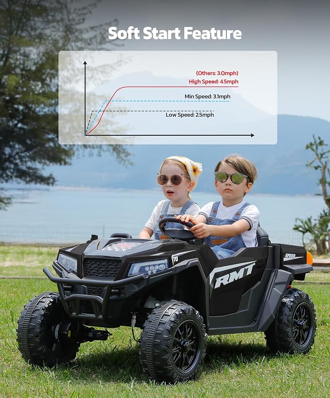 ELEMARA 24V Ride on Toy for Big Kids,Ride on Car 2 Seater w/Sun Shade,Dump Bed & Shovel,4.5MPH,4WD Electric Car for Kids,Battery Car w/Remote,Kids Ride on Truck,3 Speeds,LED Lights,Bluetooth, Black