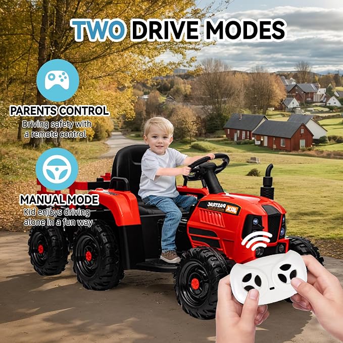 24V Ride on Tractor with Trailer, 400W Electric Car for Kids, Toddler Ride On Toy W/Remote Control, 3 Speed Adjustable, MP3, Bluetooth, LED Light, Emerald