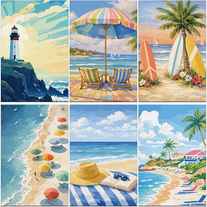 FLUXOJOY 6 Pack Painting by Number Kits for Adult, DIY Canvas Color Painting Kit for Kids or Beginner with Paint Brushes Acrylic Pigment Drawing Paintwork 20x30cm Without Frame (Sea Holiday-6 Pack)