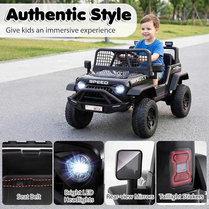 Costzon Ride on Truck, 24V Ride on Toys for Kids, Electric Vehicle with Parent Remote Control, Music, Horn, LED Headlights & Spring Suspension, Kids Car for Boys & Girls Aged 3+ (24V,Black)