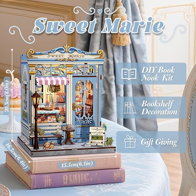 Fsolis Book Nook Kit - DIY Miniature House Kit for Adults, Booknook Bakery Bookshelf 3D Wooden Puzzles Gifts for Women Puzzle Lovers (Sweet Marie)